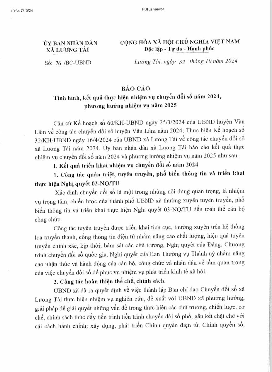 BÁO CÁO TÌNH HÌNH KẾT QUẢ THỰC HIỆN NHIỆM VỤ CHUYỂN ĐỔI NĂM 2024 , PHƯƠNG HƯỚNG NHIỆM VỤ NĂM 2025