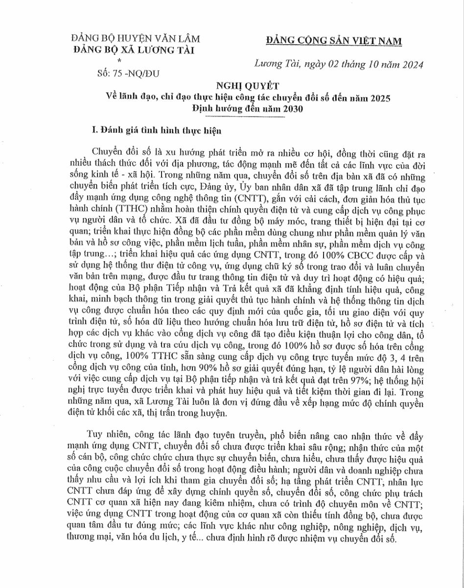 Nghị quyết số 75-NQ/ĐU về lãnh đạo, chỉ đạo thực hiện công tác chuyển đổi số đến năm 2025. Định hướng đến năm 2030