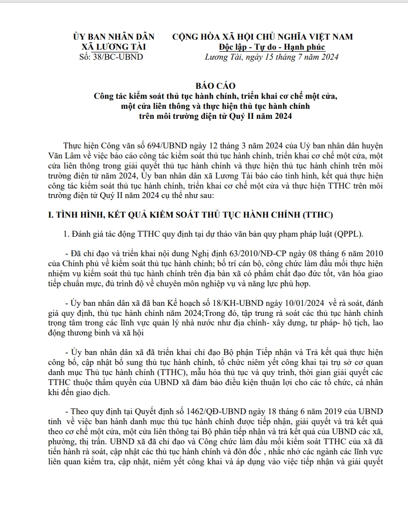 Báo cáo Công tác kiểm soát thủ tục hành chính, triển khai cơ chế một cửa,một cửa liên thông và thực hiện thủ tục hành chínhtrên môi trường điện tử Quý II năm 2024