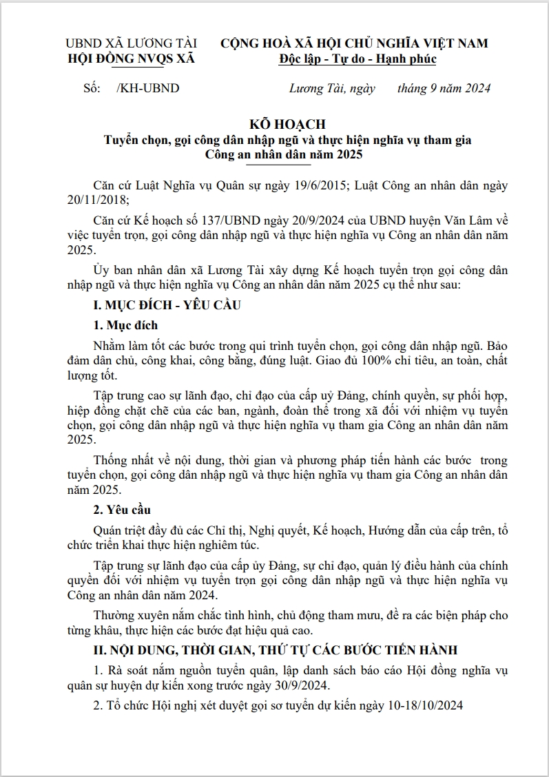 Kế hoạch Tuyển chọn, gọi công dân nhập ngũvà thực hiện nghĩa vụ tham gia Công an nhân dân năm 2025