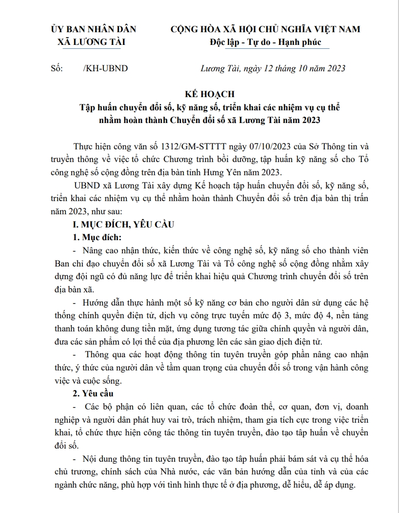 KẾ HOẠCH Tập huấn chuyển đổi số, kỹ năng số, triển khai các nhiệm vụ cụ thể nhằm hoàn thành Chuyển đổi số xã Lương Tài năm 2023