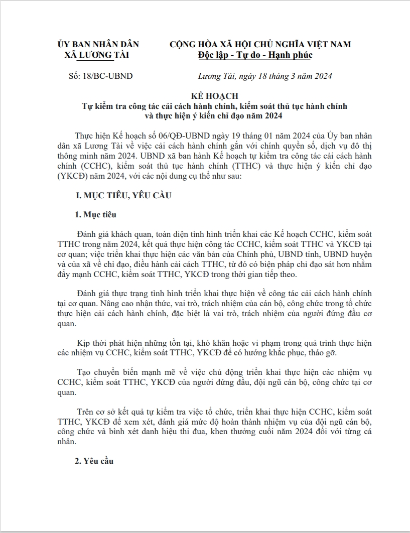 Kế hoạchTự kiểm tra công tác cải cách hành chính, kiểm soát thủ tục hành chínhvà thực hiện ý kiến chỉ đạo năm 2024