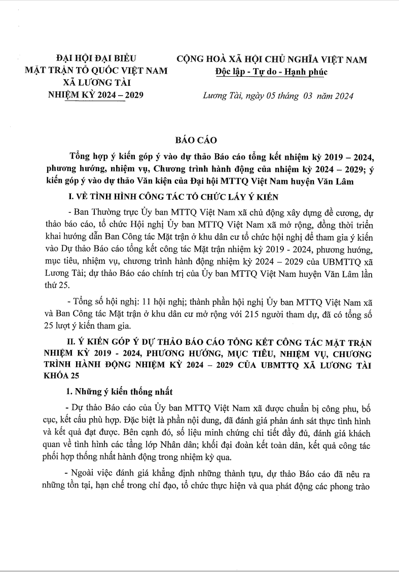 Báo cáo tổng hợp ý kiến góp ý vào dự thảo báo cáo tổng kết nhiệm kỳ 2019-2024