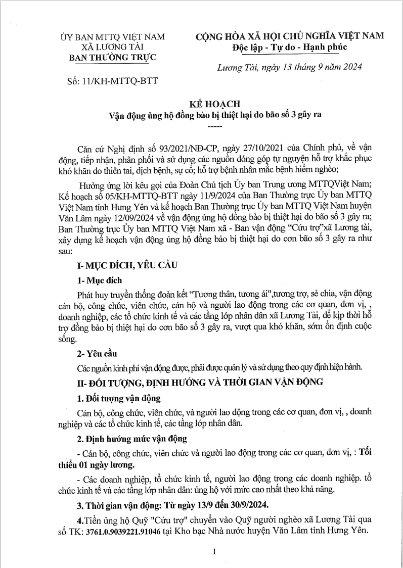 KẾ HOẠCH VẬN ĐỘNG ỦNG HỘ ĐỒNG BÀO BỊ THIỆT HẠI DO BÃO SỐ 3 GÂY RA